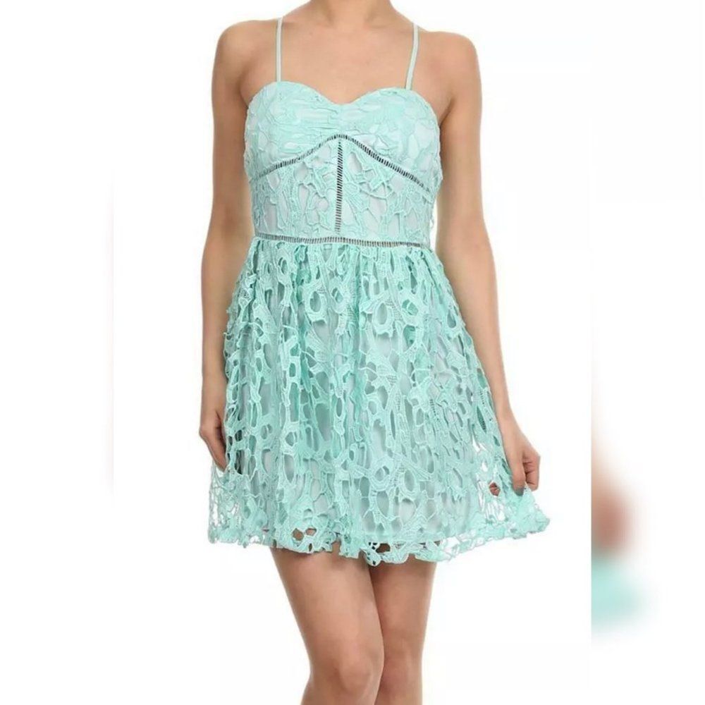 Women's S Babydoll Mint Crochet Lace Summer Spaghetti Straps Mini Dress Coquette